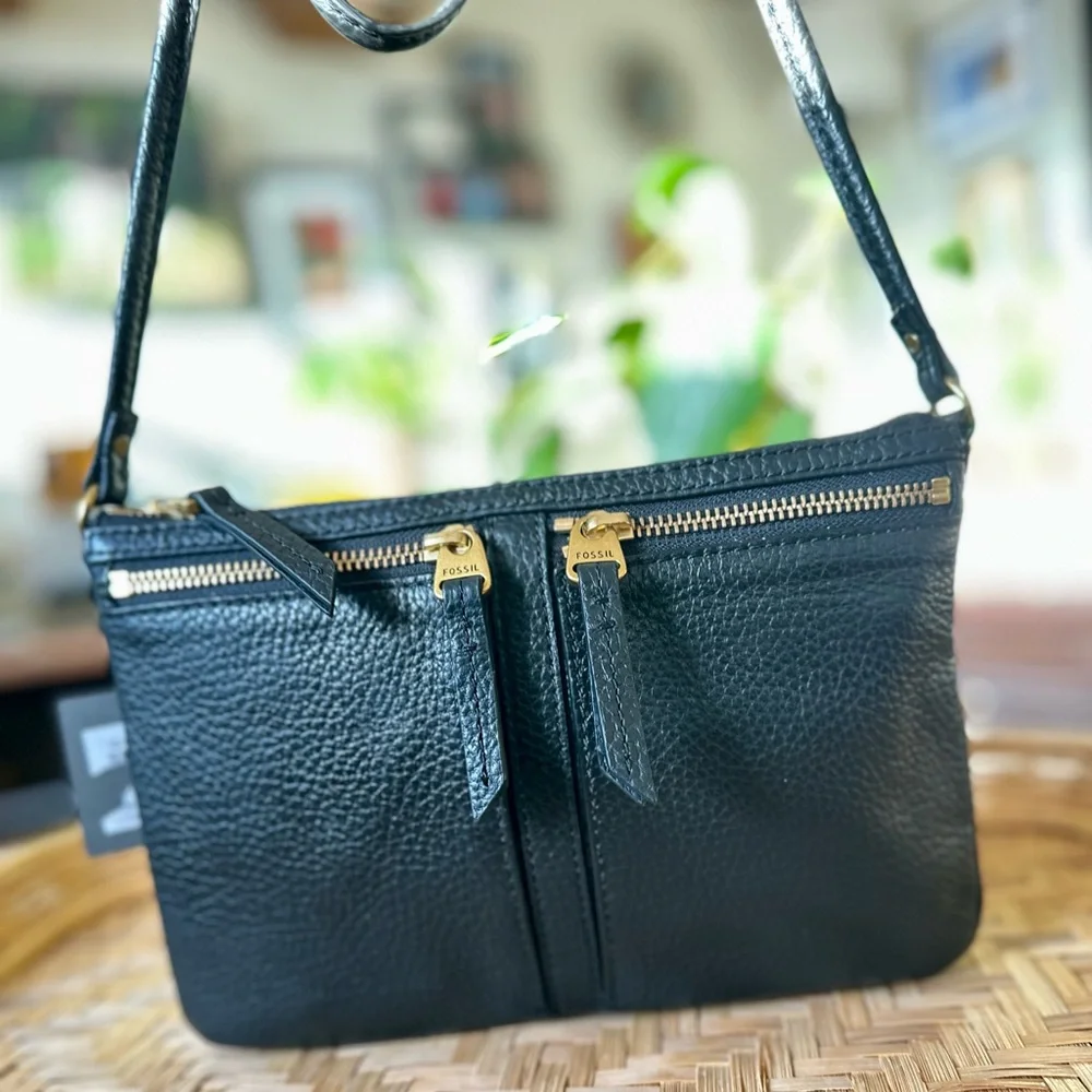 Fossil Black Pebbled Leather Crossbody Bag Double Zip Purse Adjustable Strap - Picture 1 of 10